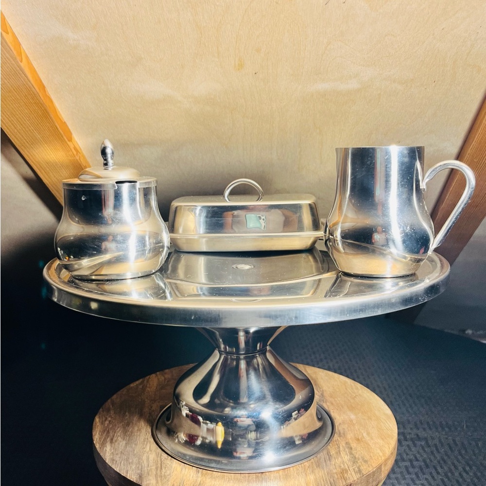 Vintage Stainless Steel Cake Stand, Butter Dish, Creamer and Sugar